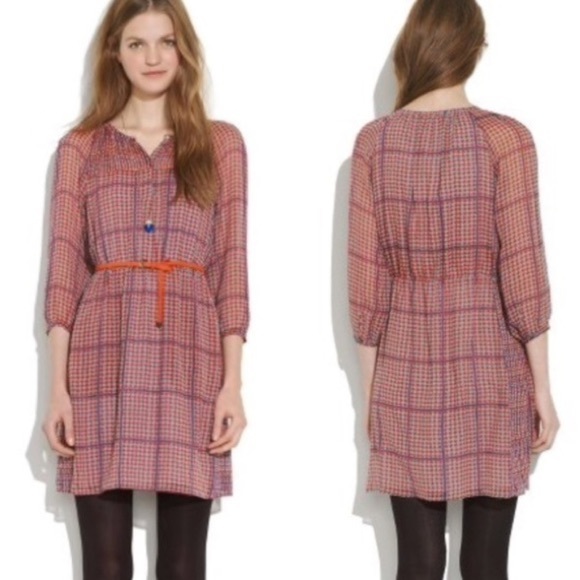 Madewell retrogrid silk peasant sleeve red dress - Picture 1 of 8